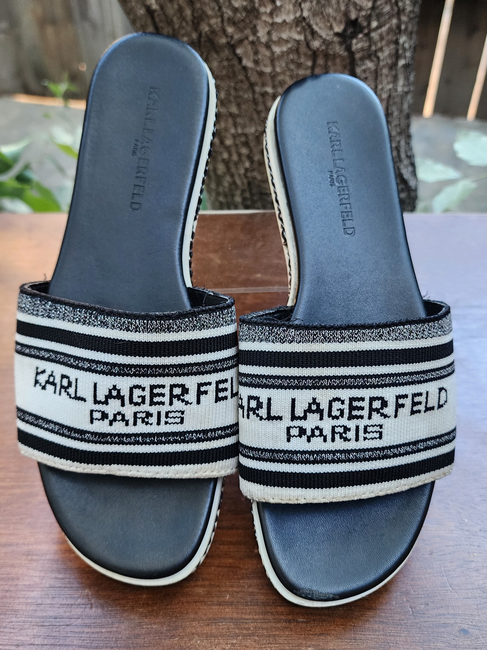 Karl Lagerfeld Paris Black White Striped Logo Slide Sandals Espadrille Trim 7.5
